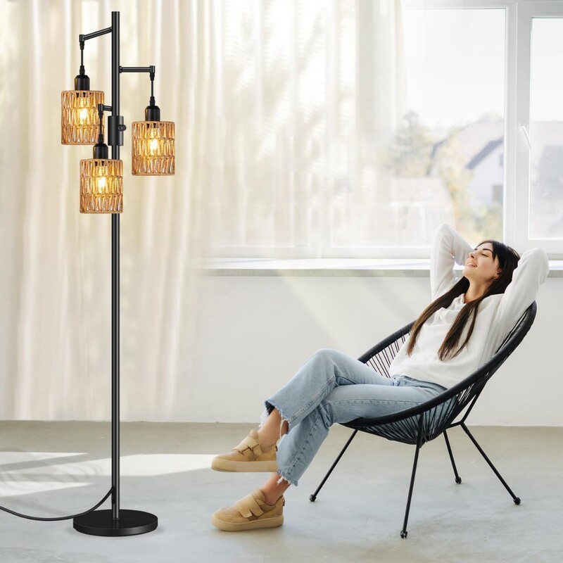 Led Farmhouse Floor Lamp with 3 Heads, Bohemian Ins Style Rattan Woven Ambiance Dimmable Standing Lamp Led Farmhouse Floor Lamp with 3 Heads, Bohemian Ins Style Rattan Woven Ambiance Dimmable Standing Lamp