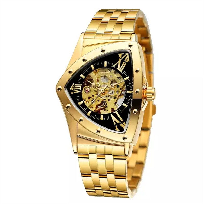Forsining reloj mecánico automático estilo europeo y americano triángulo cabeza hombres moda casual hueco muñeca reloj transparente