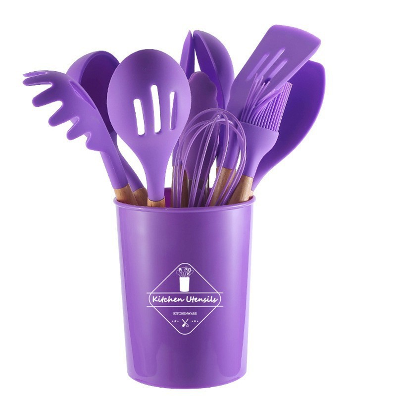 Cocina olla antiadherente cubo de almacenamiento juego de utensilios de cocina de silicona juego de 12 piezas de utensilios de cocina con mango de madera olla de silicona cuchara utensilios de cocina de silicona