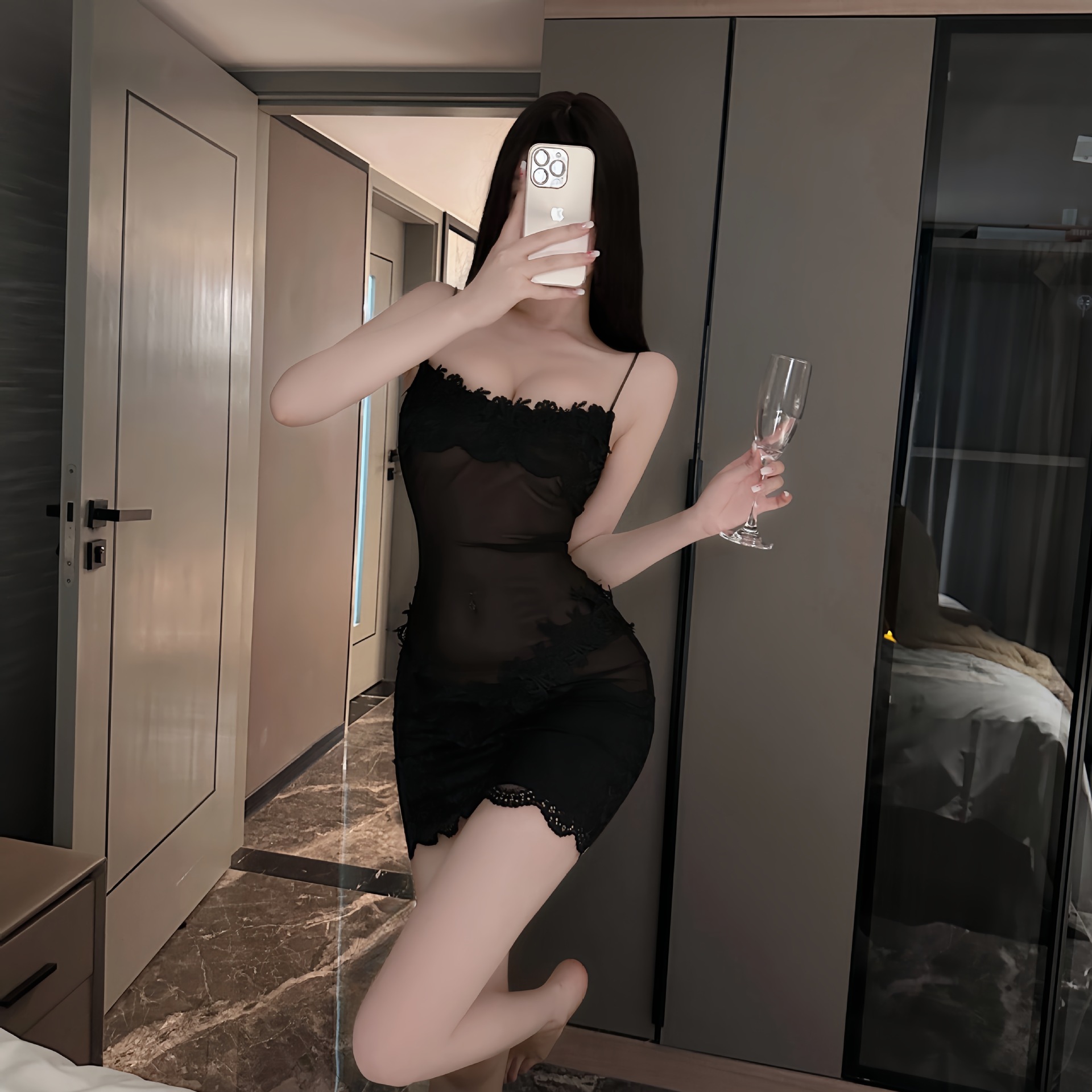 Sexy Lingerie Pure Desire Style Mesh Hollow-Out Plus-Size Camisole Nightgown Robe Women's Uniform Set 147