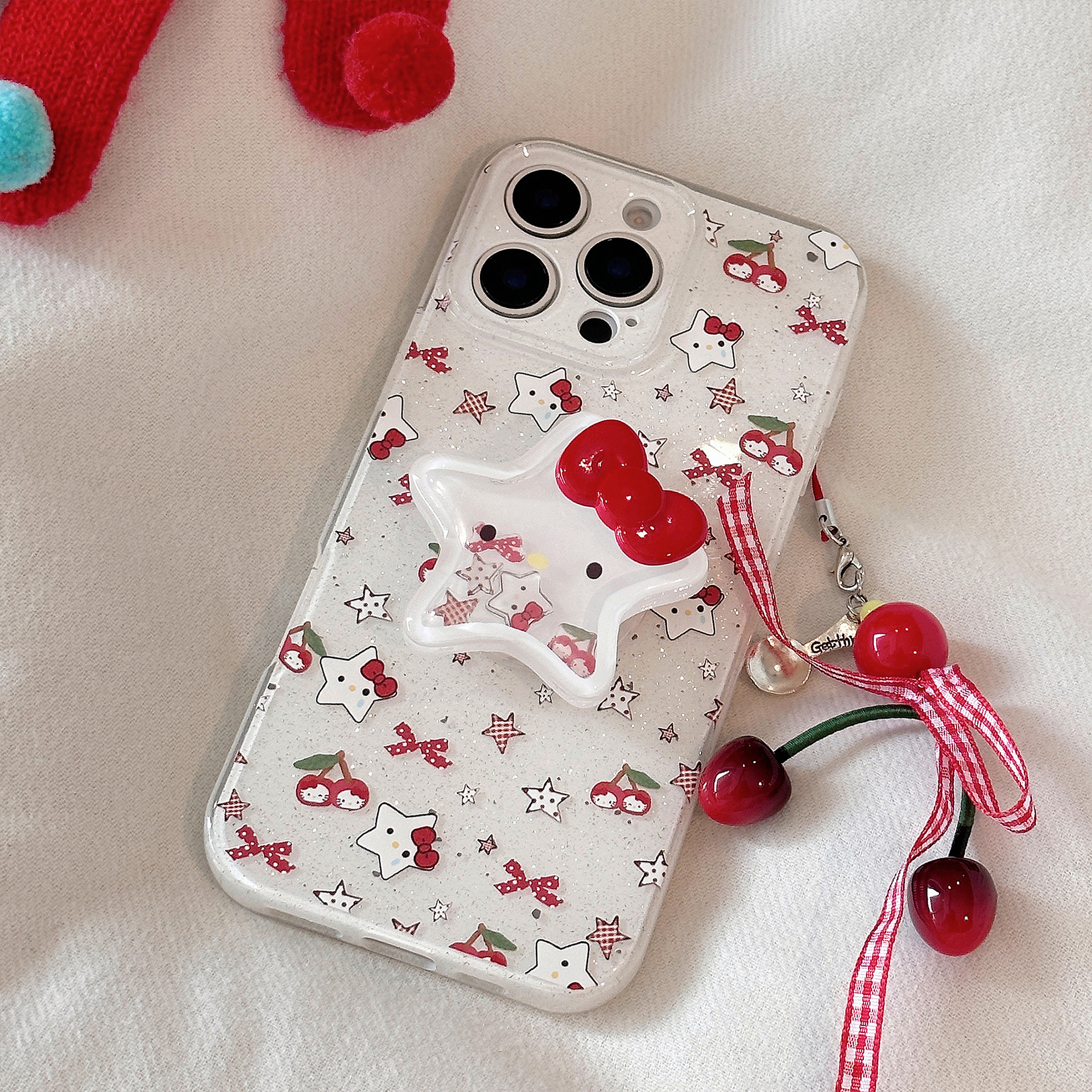 Funda brillante para iPhone 16, compatible con el teléfono Apple 13, diseño de gato cereza, con soporte para iPhone 15 Pro Max, colgante para iPhone 17