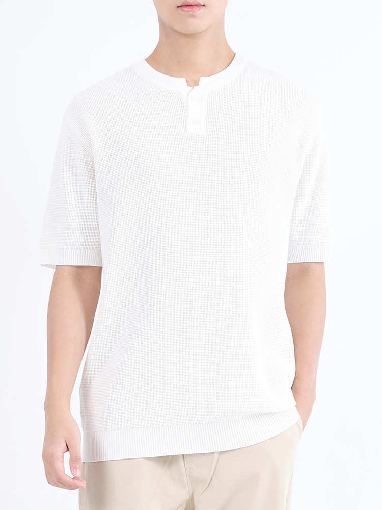 Hielo de alta gama, camiseta de cuello Henry de punto de manga corta, camiseta de lujo ligera, camiseta casual de alta calidad, chaqueta para hombre.