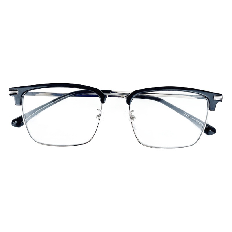 千艾メガネフレームレトロ眉毛金属ハーフフレームブルーライト防止メガネ角型素顔メンズビジネス近視鏡