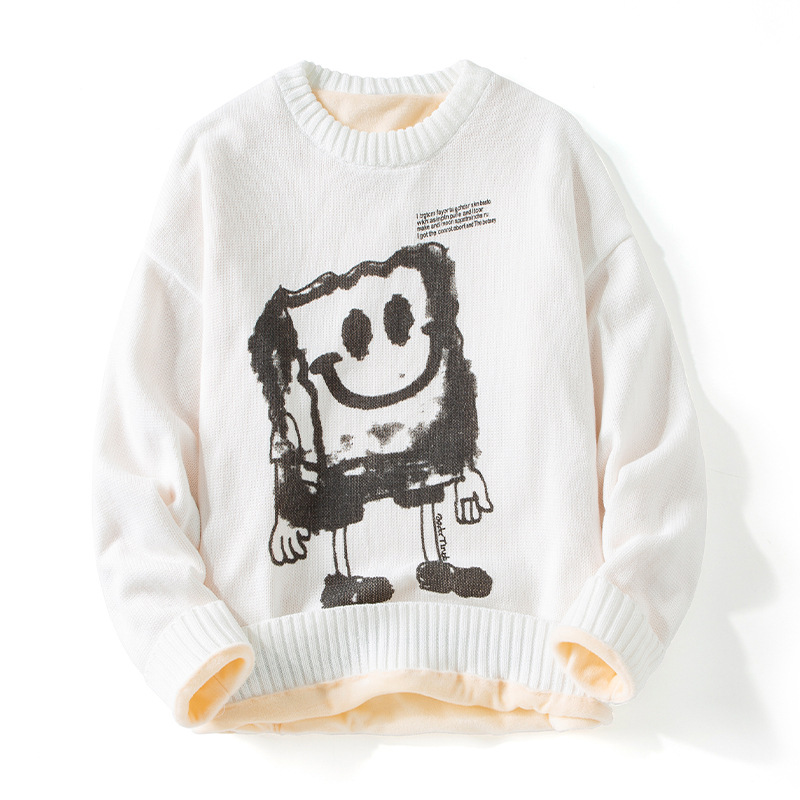 Sweater men's autumn and winter new style American round neck couple's printed loose casual simple versatile plus velvet_voghion.com