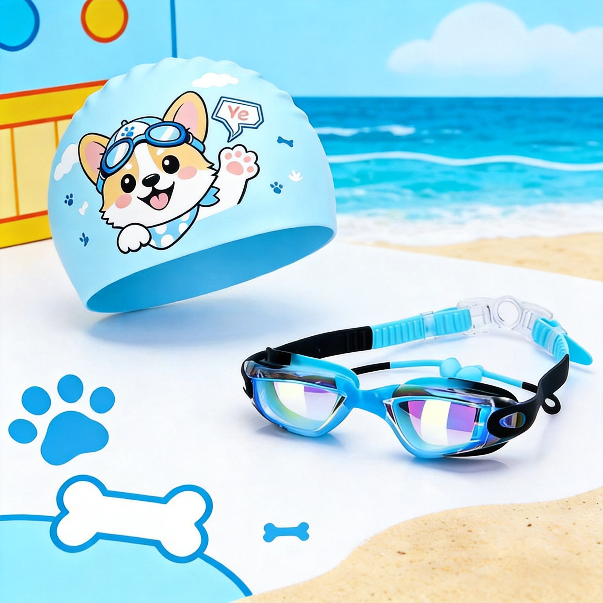 50 g gorra de baño pequeña Kirky + gafas de baño azules / negras / coloridas