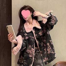 秋冬新款美式设计感炸街加厚牛仔外套女小个子印花复古棉衣潮