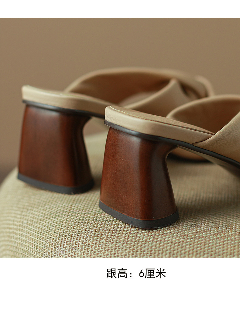 Sandal cao gót nữ hở mũi da cừu đế thô gót 7 cm — Màu đậu chi tiết 13