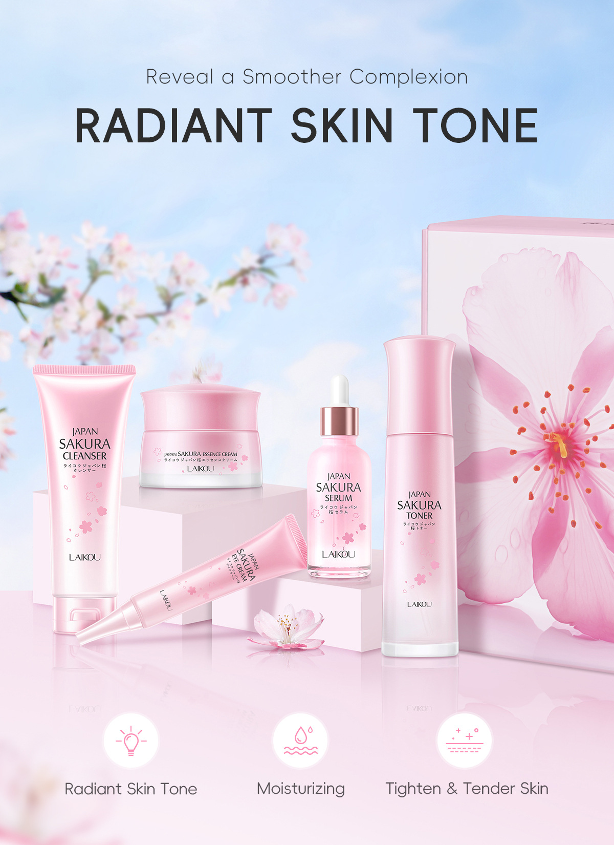 Cross-border LAIKOU Sakura Skincare Gift Box Moisturizing and Hydrating 5-piece Set with glass panel Part in stock undefined