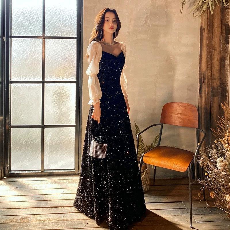 Black Long-Sleeved Evening Dress for Women 2026 New High-End Elegant Host Birthday Art Exam Banquet Dress