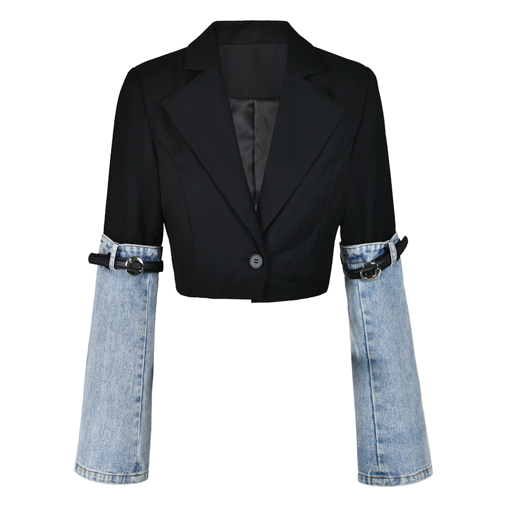 Women's Clothing personality contrast color stitching denim jacket for women autumn new style design cuffs belt versatile short top_voghion.com