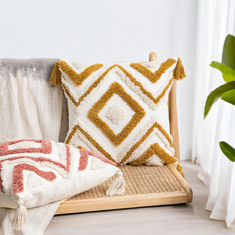 Almohada con mechones de estilo bohemio Cojín con flecos étnicos marroquíes Cojín con mechón de sofá de sala de estar Tongfang Funda de almohada