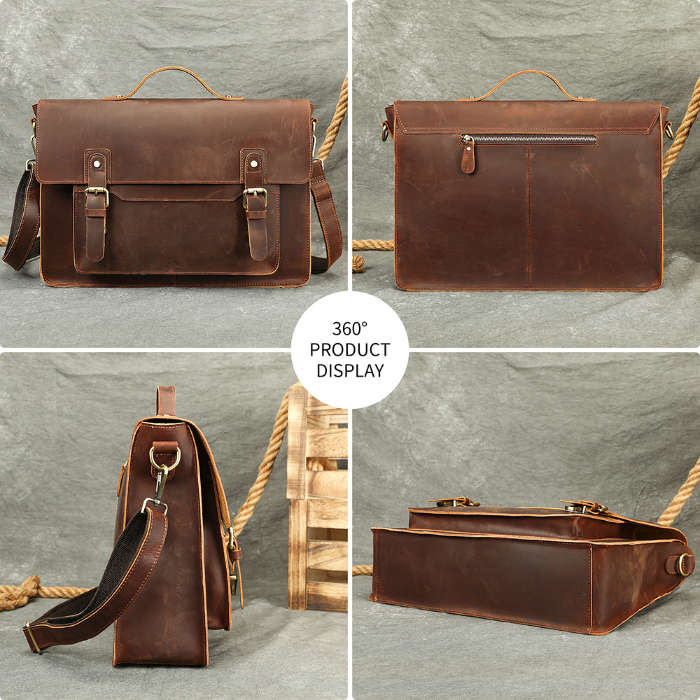 Túi da thật satchel nam phong cách retro, đựng tài liệu dung tích lớn, vừa laptop 15 inch — Cà phê (cỡ nhỏ)