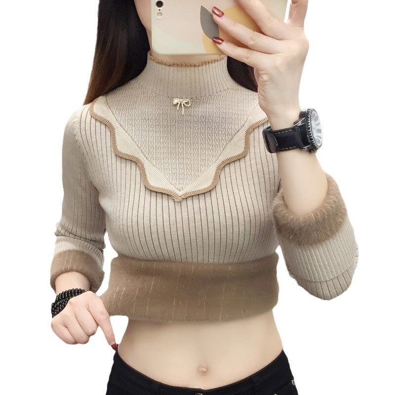 Añadir suéter de moda de cuello medio alto para mujeres 2024 nuevo otoño invierno ropa delgada camiseta de aire extranjero con camiseta de punto