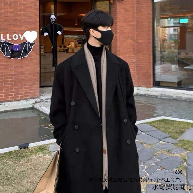 Men's mid-length wool coat, Korean style, winter British style, fashionable trench coat, thick winter coat