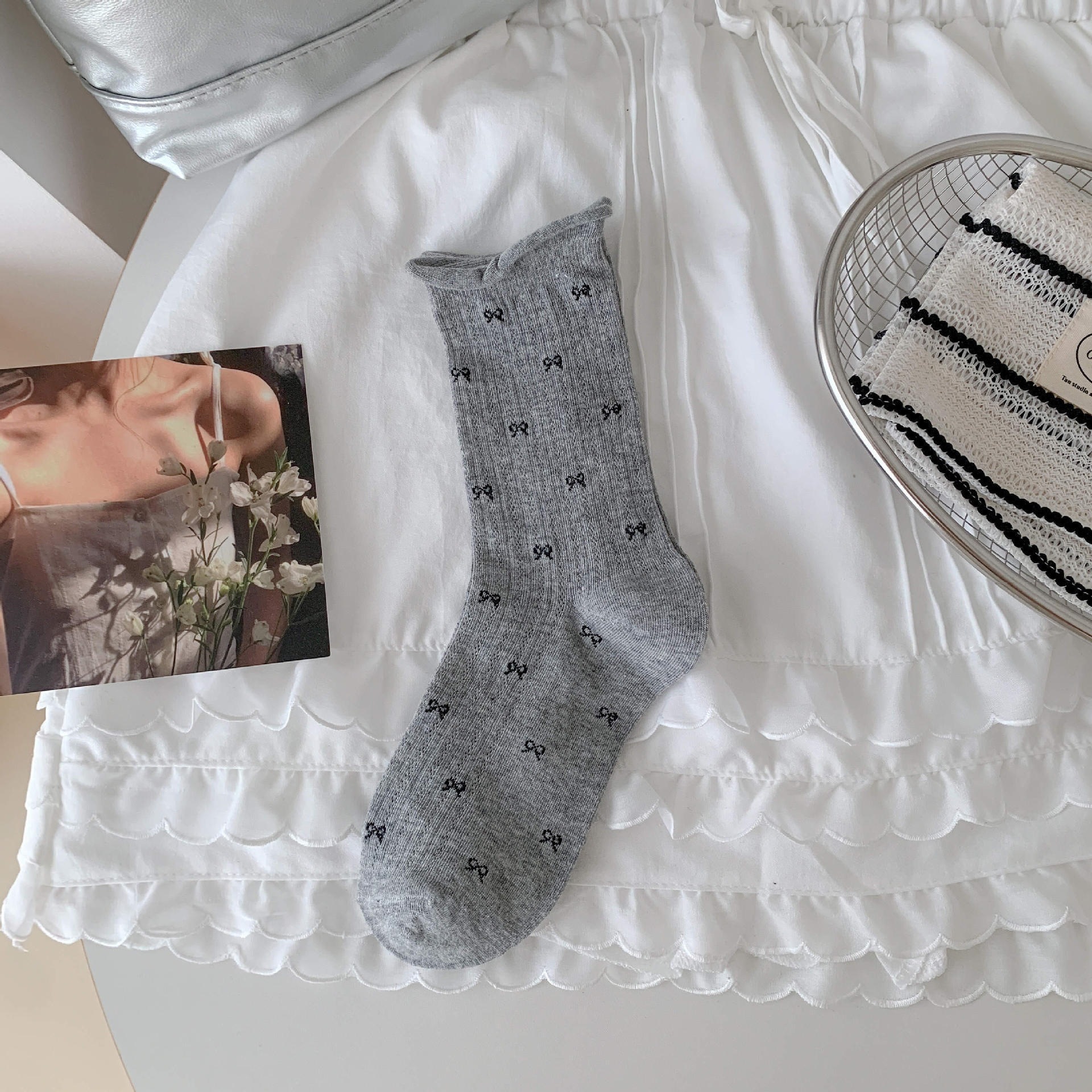 Coquette Aesthetic Sheer Mesh Pointelle Mini Bow Crew Socks Detail View 1