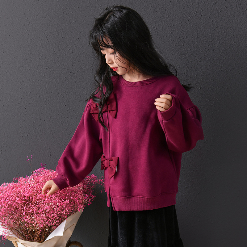 Suéter granate con lazo de terciopelo, nuevo suéter suelto de cuello redondo, falda negra de terciopelo fino