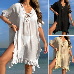 Cross-border New Hollow Hand Crochet Collar Variable Lotus Leaf Lace Loose Comfortable Sun Protection Seaside Vacation Casual Blouse Skirt
