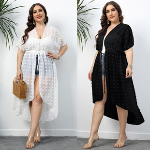 Plus size women's cross-border coat polka dot three-dimensional chiffon shirt beach sun protection shirt irregular bandage cardigan F20118