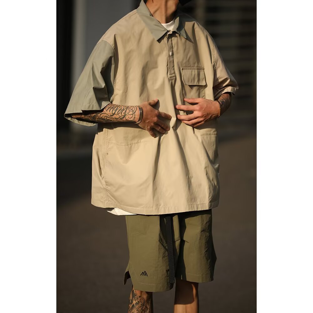 Verano japonés herramientas retro bolsillo polo collar suelto pareja de moda camisa de manga corta