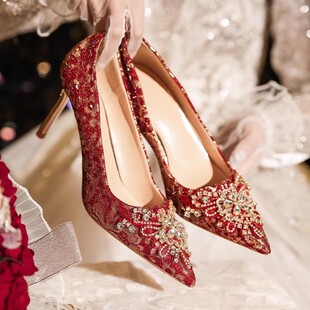 Red Wedding Shoes Women's Wedding Dress Xiuhe Two-Wear Bridal Shoes 2024 New Sexy Stiletto Heel French Crystal High Heels