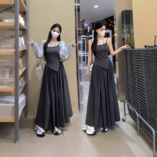 plus size Spring and Summer French Outer Cardigan Top Stitching Fake Two-piece Sling dress Two-piece Suit for Women