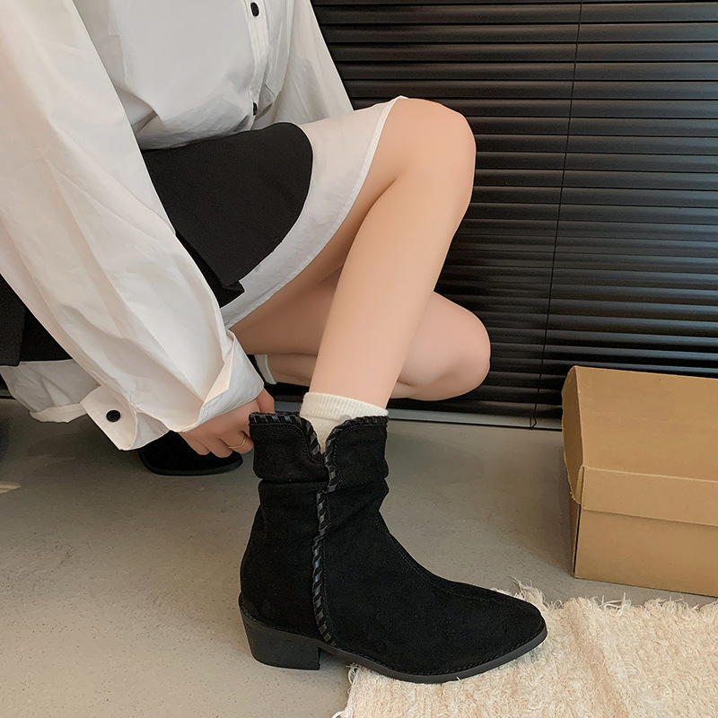 复古风褶皱短靴女2025秋冬新款套筒中跟尖头西部牛仔靴百搭时装靴|undefined