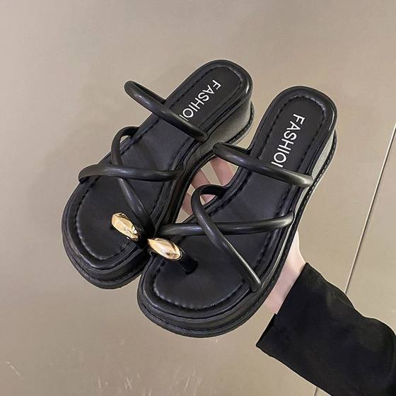 Wedge Slippers Women's Summer Outer Wear 2023 New Black Clip Toe Strap Sandals Heightened Thick Slippers