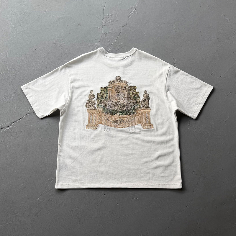 Derschutze Chrome Cool Style American Retro Heavy-Duty Embroidered Jacquard Fountain Short-Sleeve T-Shirt Trendy