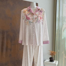 素雅花卉金钻绒睡衣长袖女士秋冬季冰丝丝绸舒适家居服套装批发