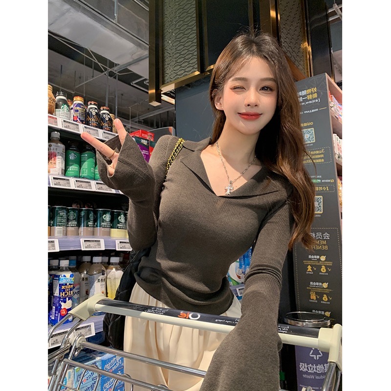 纯欲风翻领设计感长袖针织衫女秋季2025新款修身显瘦内搭打底上衣|undefined
