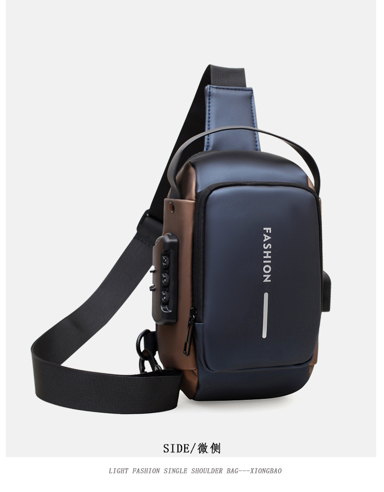 Carga USB explosión de estilo de moda de tramo oblicuo mochila deportiva anti-robo mochila pequeña multifuncional contraseña bloqueo bolso de pecho