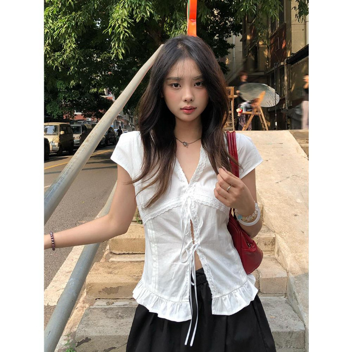 夏季小众设计感小衫简约修身上衣法式白色蕾丝花边系带短袖衬衫女|undefined