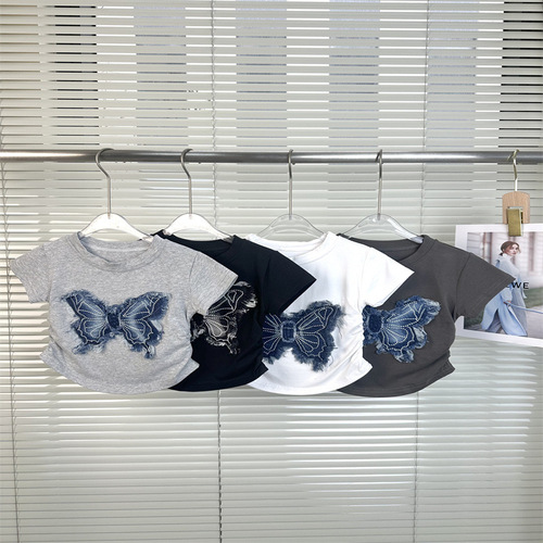 Women's Summer 2025 New 3D Washed Denim Frayed Butterfly T-Shirt Korean Version Pleated Solid Color Versatile T-Shirt