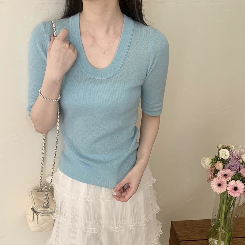 26 Spring and Summer Women's Clothing 100% Superfine Wool Casual Versatile Pure Color U-Neck Slim Fit Knitted Short-Sleeved Women's T-Shirt