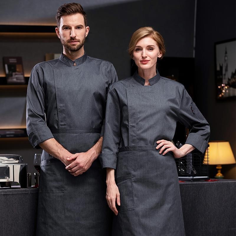 Grey Senior Chef Work Clothes Long Sleeve Men's and Women's Chinese Hotel Restaurant Kitchen Work Clothes Autumn and Winter plus size