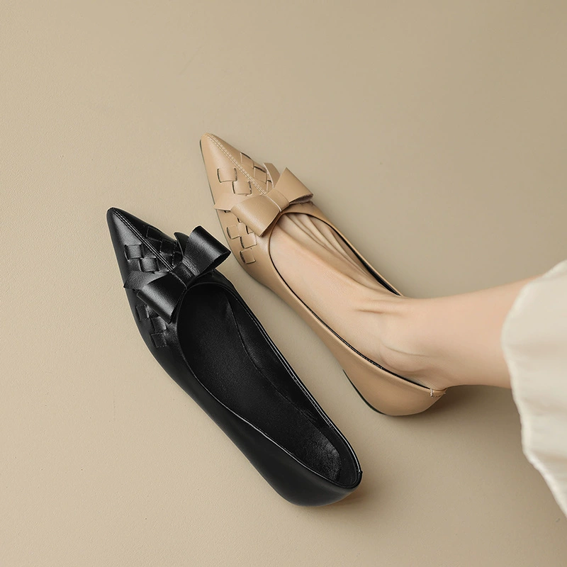 Очень легко носить не уставшие ноги однослойные туфли женские весенне-осенние туфли на плоской подошве с острым Низким Каблуком Натуральная Кожа плетеная бант абрикос мягкая кожа