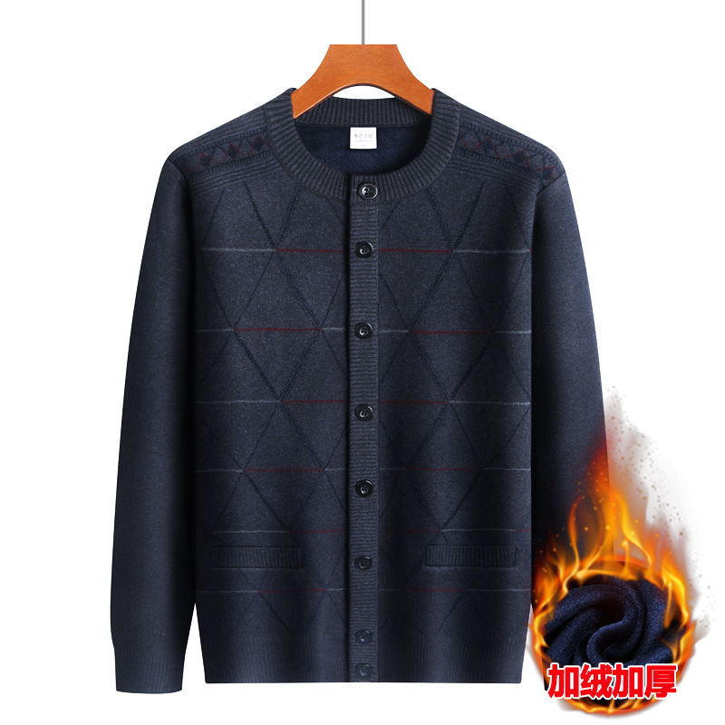 Middle-aged Dad Autumn and Winter fleece-lined Sweater Coat Men's Casual Knitwear Grandpa Cardigan Warm Winter Wear