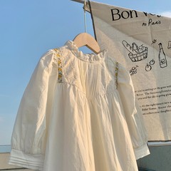 77211 秋季童裝新款女童法式復古小眾赫本風壓褶立領泡泡袖連衣裙