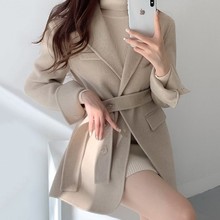 黑色毛呢西装外套女2025冬新款韩版小个子系带收腰显瘦毛呢大衣女