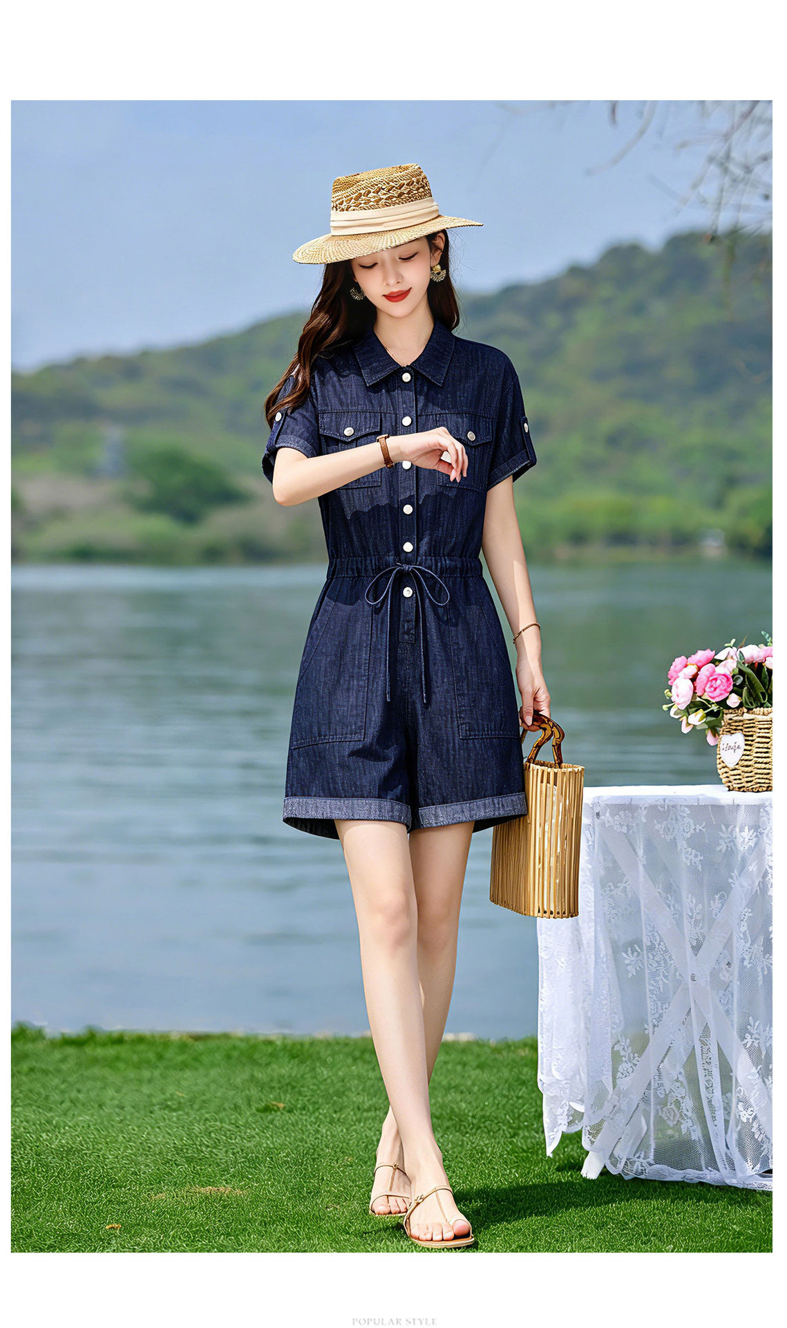 Jumpsuit nữ dài tay denim mỏng mùa hè thiết kế cao cấp trẻ trung E833 — Màu ảnh chi tiết 10