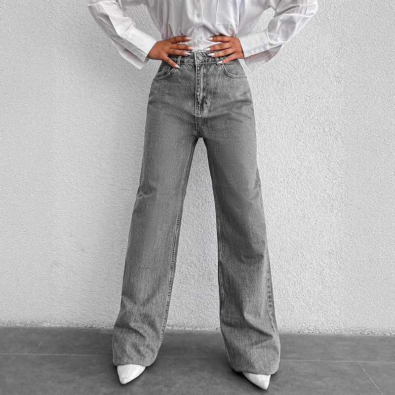 Silver-Gray Straight-Leg Jeans for Women, Spring and Autumn, New Versatile High-Waisted Slimming Loose Floor-Length Wide-Leg Pants Trendy