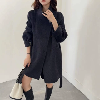 2026年秋冬新款立领双面羊毛大衣女系带显瘦短款气质羊毛呢子外套