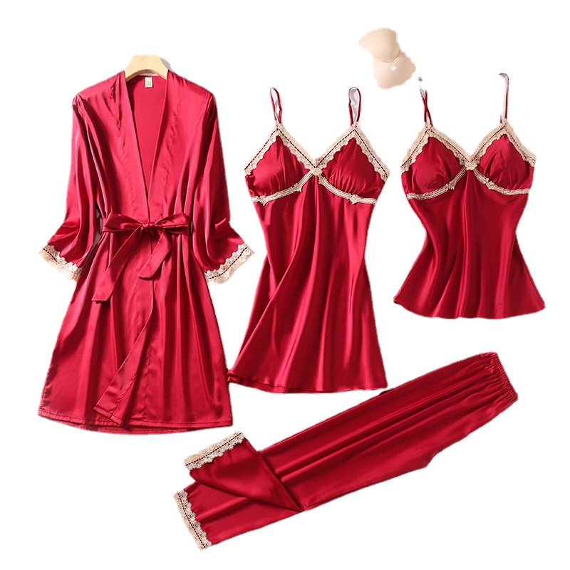 Pajamas Women's Spring, Autumn And Summer Sexy Silk Four-piece Set Thin Ice Silk Suspenders Nightdress With Chest Pad Ladies Home Wear