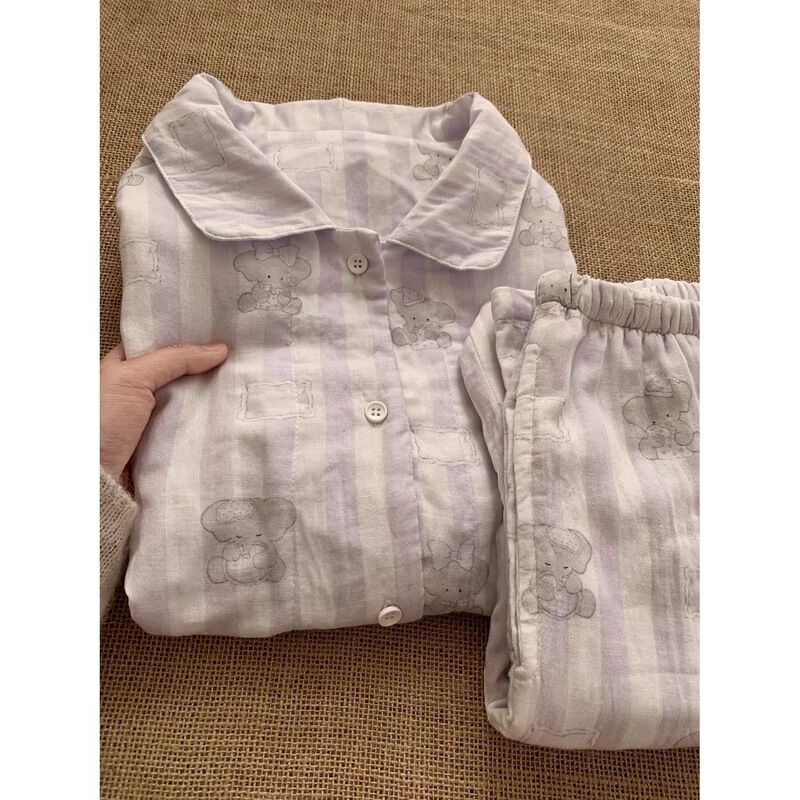 Korean Style Light Purple Good Night Little Elephant Type a Cotton Double-Layer Gauze Pajamas Women's Long-Sleeved Suit Spring Autumn Summer Home Wear Korean Style Light Purple Good Night Little Elephant Type a Cotton Double-Layer Gauze Pajamas Women's Long-Sleeved Suit Spring Autumn Summer Home Wear