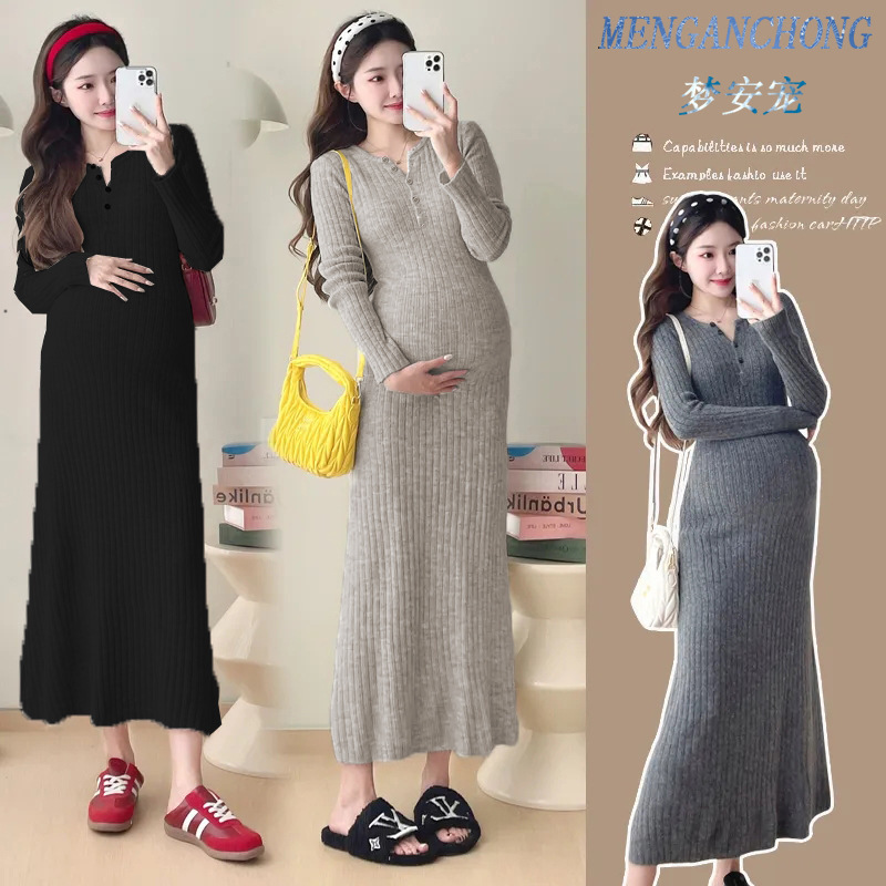 Maternity French Knitted Spring and Autumn Interior New Autumn and Winter fleece-lined Warm Solid Color Round Neck Belly Covering Slimming Skirt