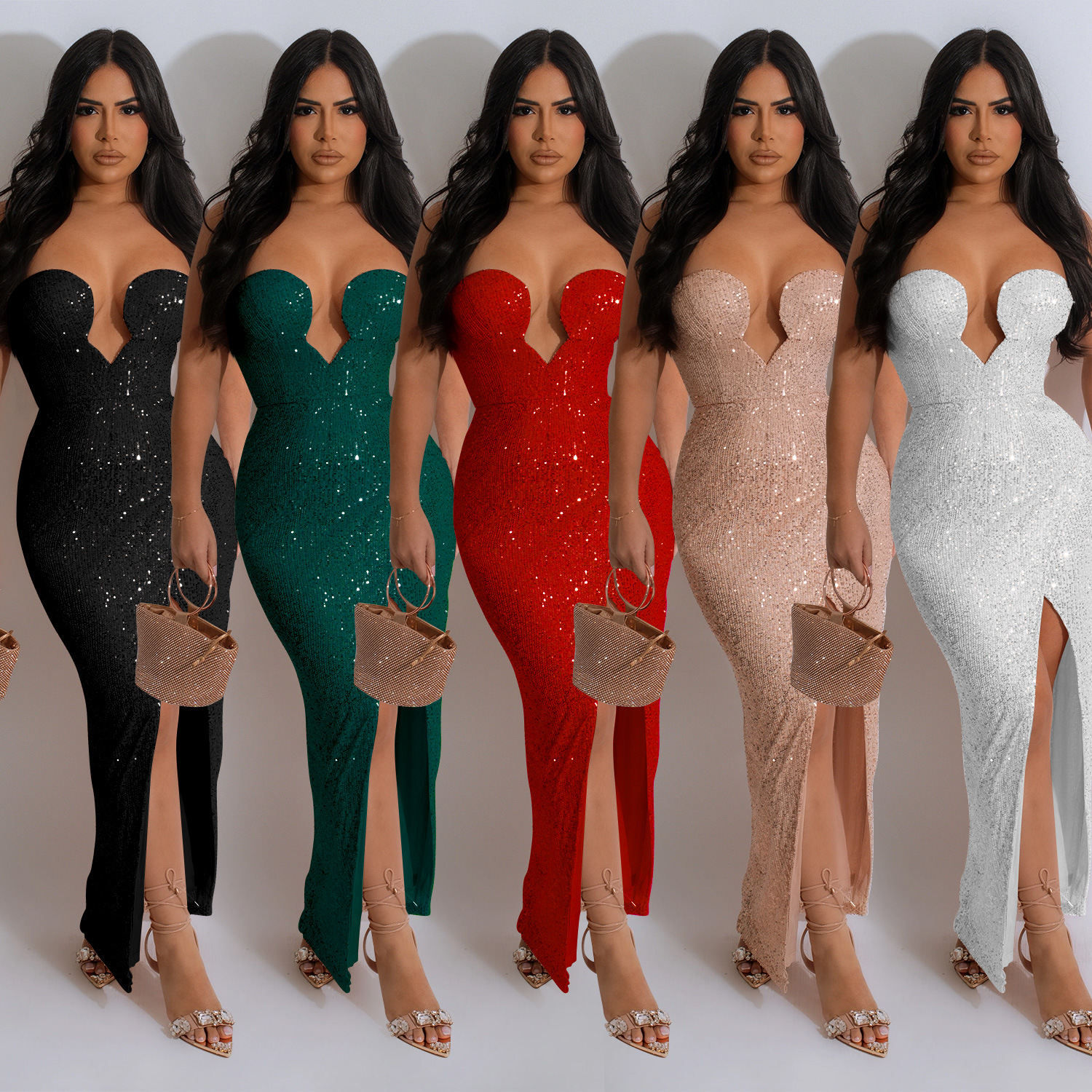 C6782 transfronteriza AliExpress Amazon europeo y americano de las mujeres de moda de color sólido sexy vestido de lentejuelas vestido sin espalda