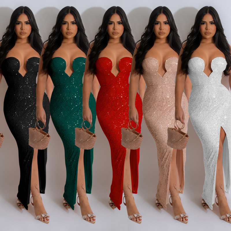 C6782 cross-border AliExpress Amazon European and American fashion women's solid color sexy sequined backless dress dress C6782 cross-border AliExpress Amazon European and American fashion women's solid color sexy sequined backless dress dress