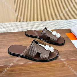 爱家H拖夏季新款拖鞋男时尚牛皮套胶一字拖男休闲外穿沙滩凉拖鞋