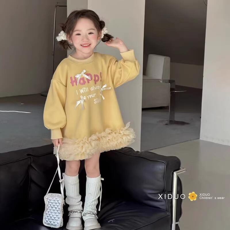 Vestido de niñas otoño y invierno letras extranjeras impresión arco y camisa de lana vestido de malla para niños