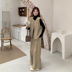 两件套裤套装女穿搭秋季感长小香风马甲休闲阔腿裤轻奢卡其色